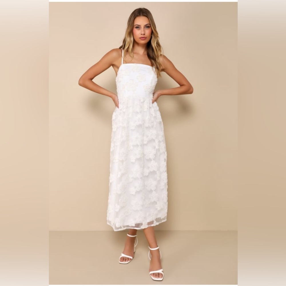 Lulu’s Delightful Charisma White Embroidered Sequin Mesh Midi Dress